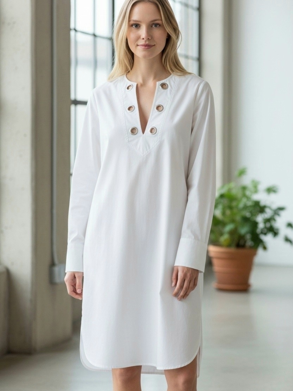 Emilio Pucci White V-Neck Shift Dress with Grommet Detail